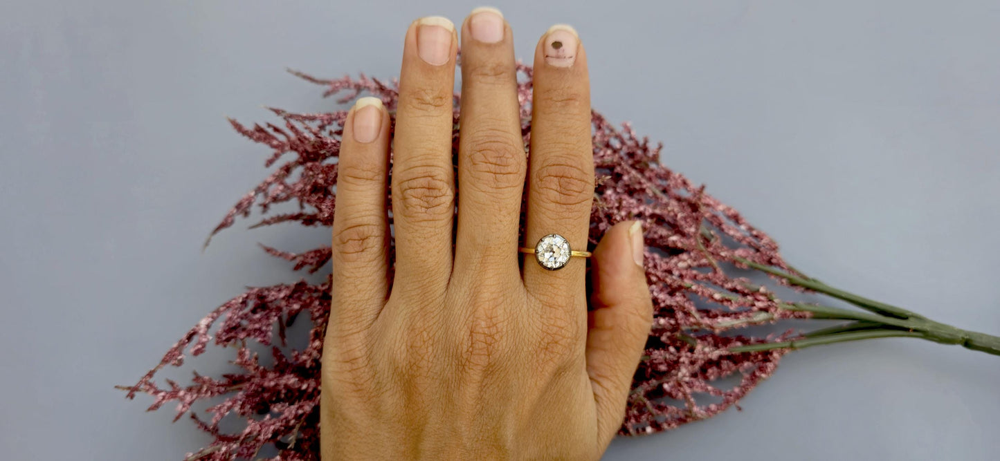 Old European Cut OEC Round Button Back Georgian Cut Down Set blackened gold Moissanite Solitaire Engagement ring