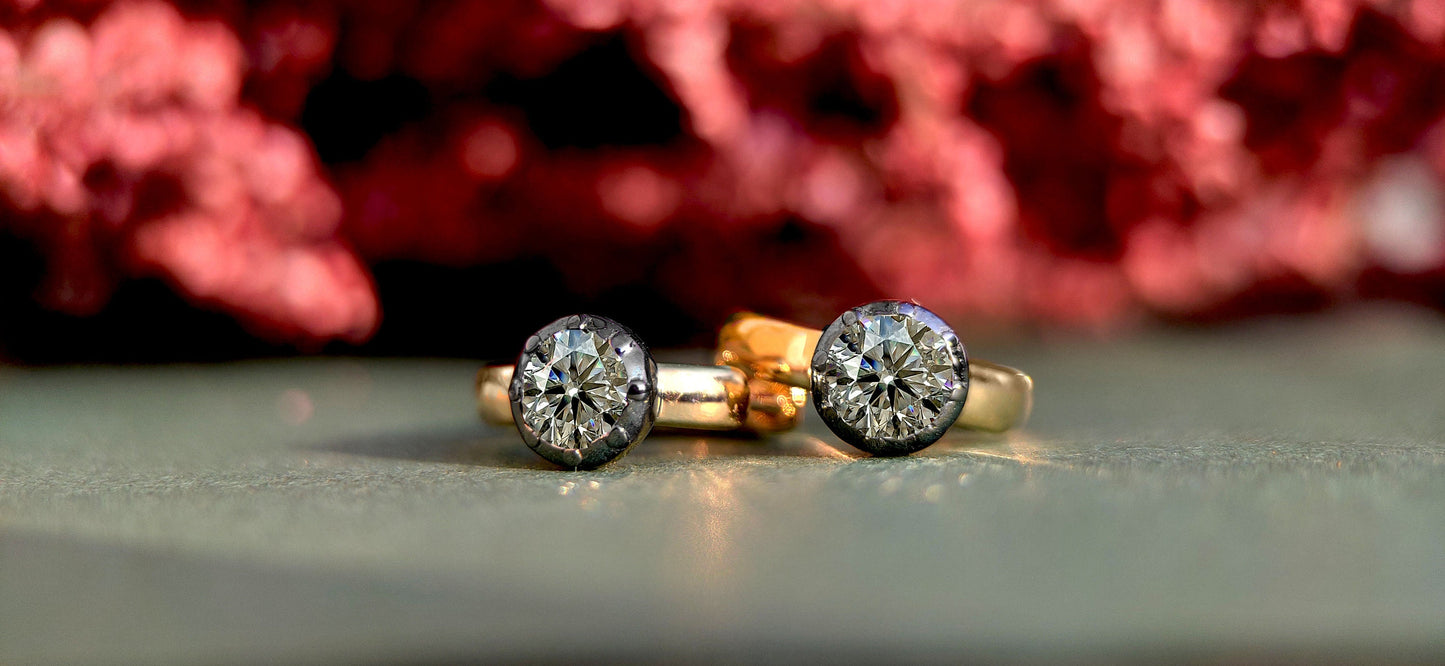 Georgian Victorian Style Lab Grown Diamond Hoops, Georgian cut down Button back huggie, Blackened Gold Stud Earrings, Wedding Earring.
