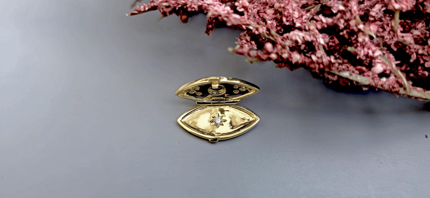 Evil eye pendant, Salt and pepper with lab grown diamond Third Eye talisman charm locket, anniversary birthday gift pendant for women, wife