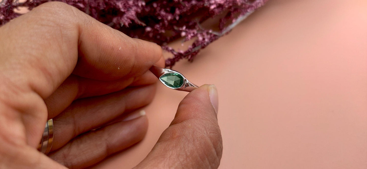 Green Rose Cut Pear Moissanite Signet ring, Gypsy Flush Set engagement proposal ring, Ring for her, low profile set ring, Ring for women