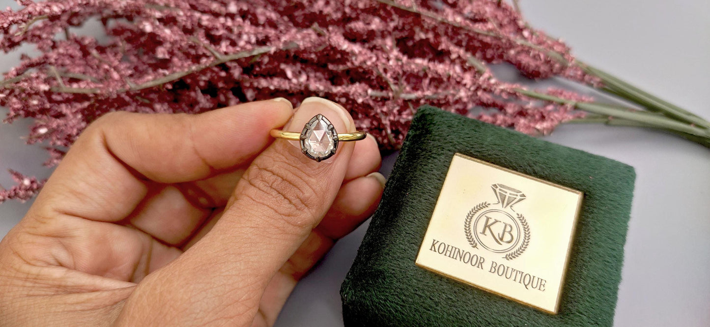 Rose Cut Pear Moissanite Collet set Ring, Georgian cut down set art deco ring, Gift Ring for her, Edwardian ring, Blackened gold ring