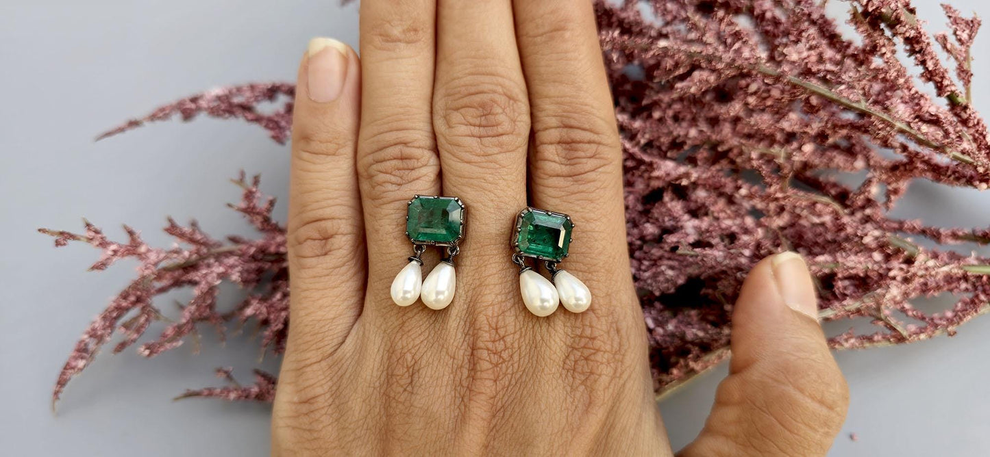 Lab grown Emerald with inclusion Georgian cut down Emerald studs with dangling pearl, statement earring, blackened gold earrings.