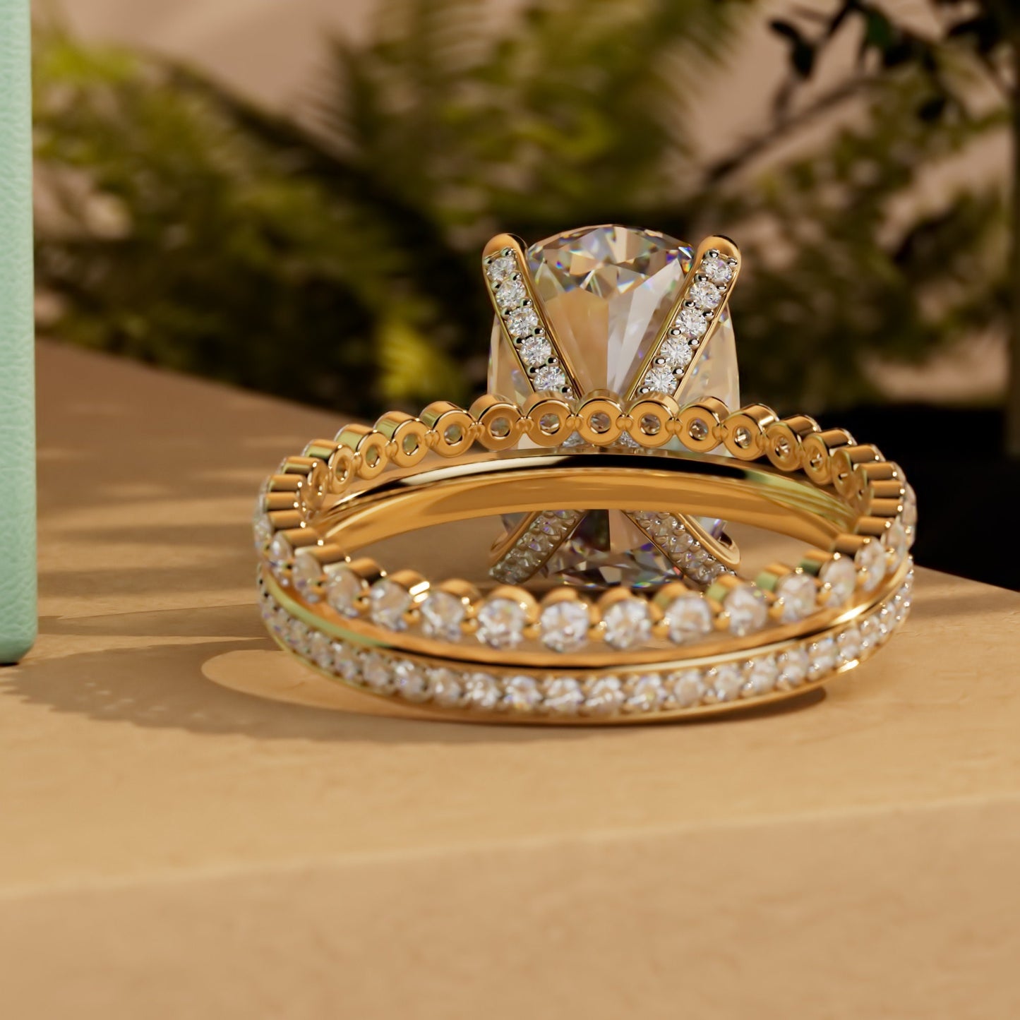 Elongated Cushion Cut Pave Basket Moissanite Engagement Ring, Wedding Bridal Set, Anniversary gift for wife, Ring for women