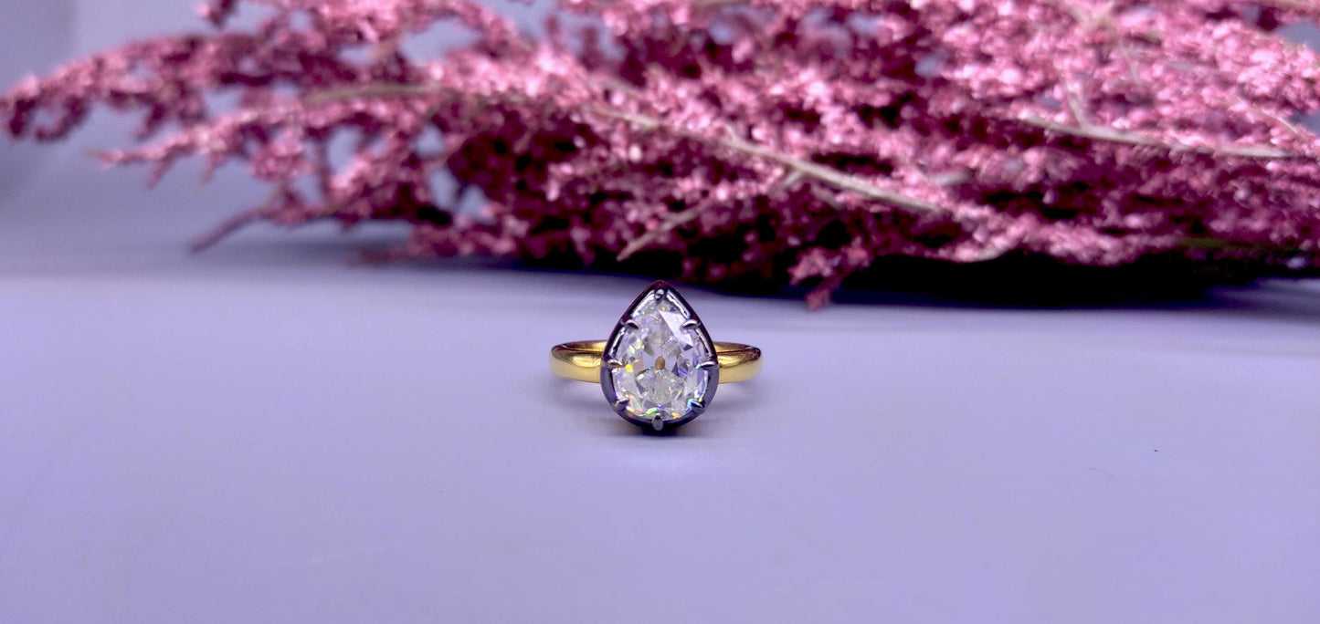 Ready to ship Old Mine Cut Pear Moissanite Collet set Ring US 6 size, =Georgian cut down set in silver with gold polish and blackened gold