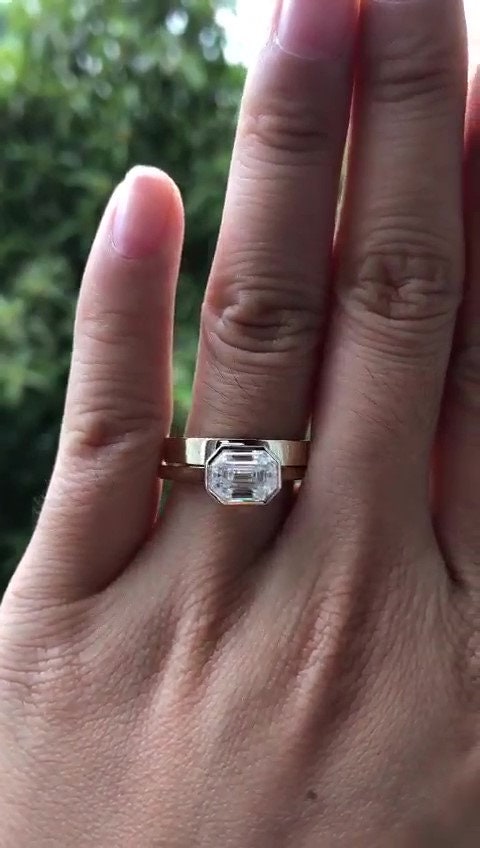Emerald Cut Moissanite Bezel Engagement solitaire ring without band, right hand ring, statement moissanite ring, ring for women