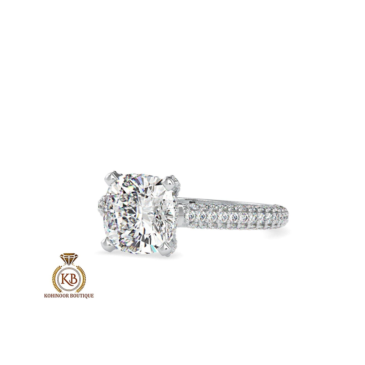 Cathedral Set Cushion Cut Moissanite with Pave Basket ,Under Halo and 3 side pave band Engagement ring, ring for women,High profile set ring
