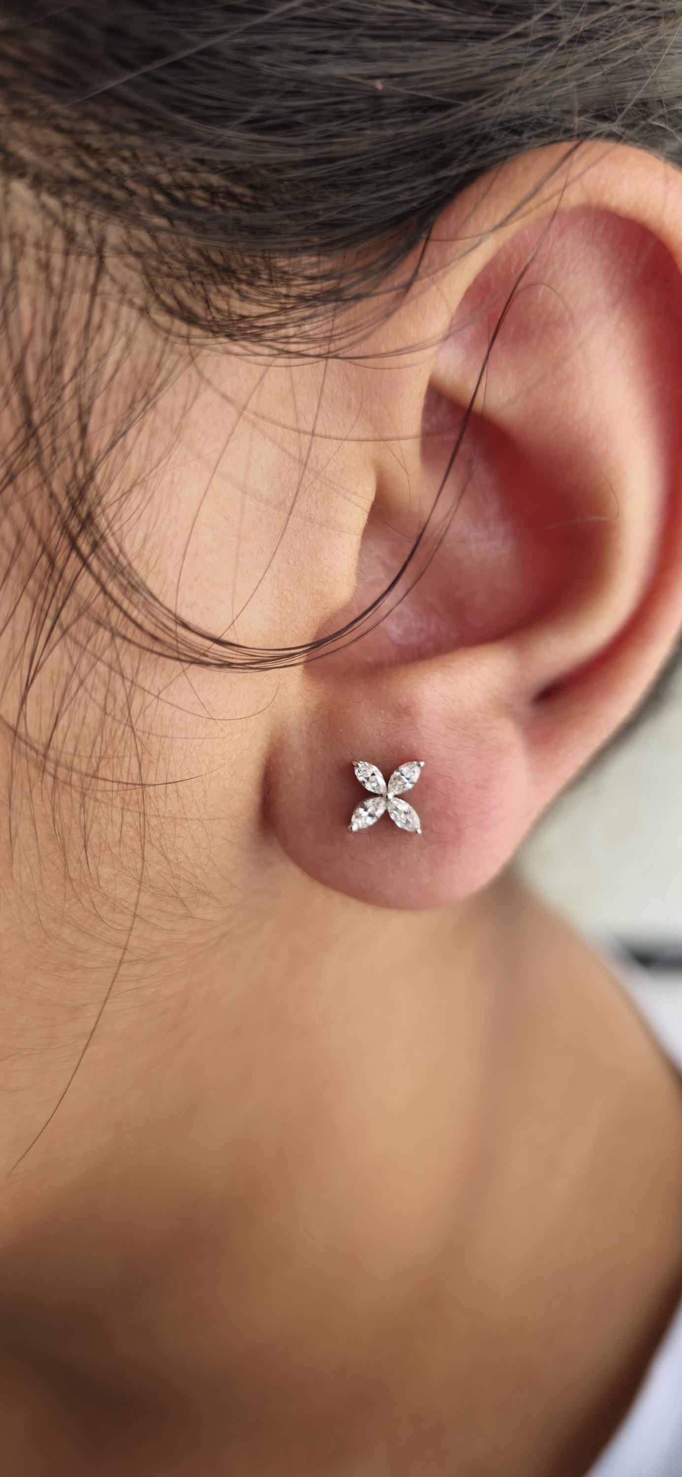 Marquise moissanite floral studs for women, earrings for girls, flower studs, dainty everyday studs, petite studs