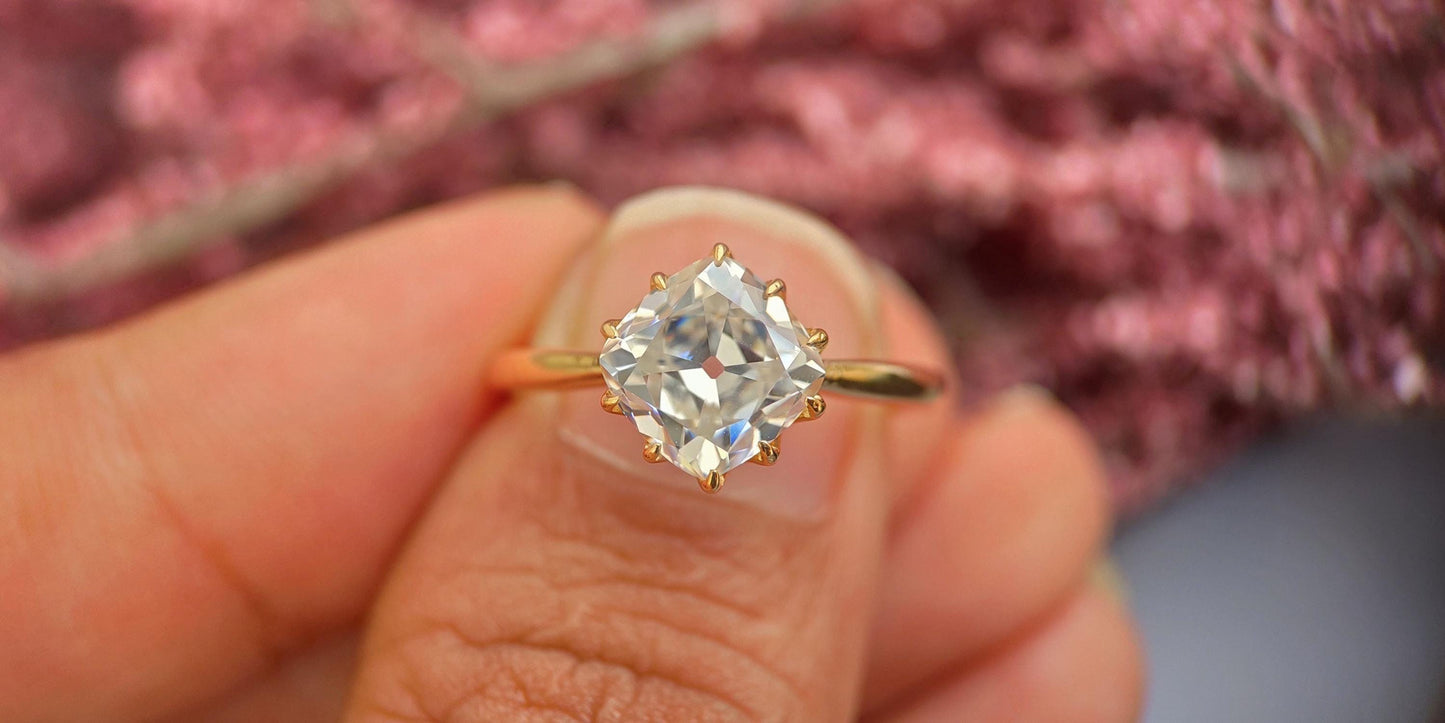 Old Mine Cut OMC Kite set Cushion Moissanite Solitaire Engagement Ring, Ring for her, Vintage ring for women, right hand ring