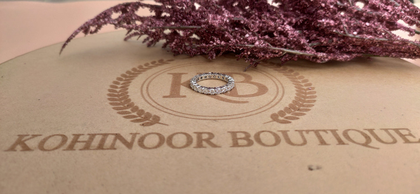 Ready to ship 3 mm Classic Round Cut Moissanite eternity band in silver Size US 6