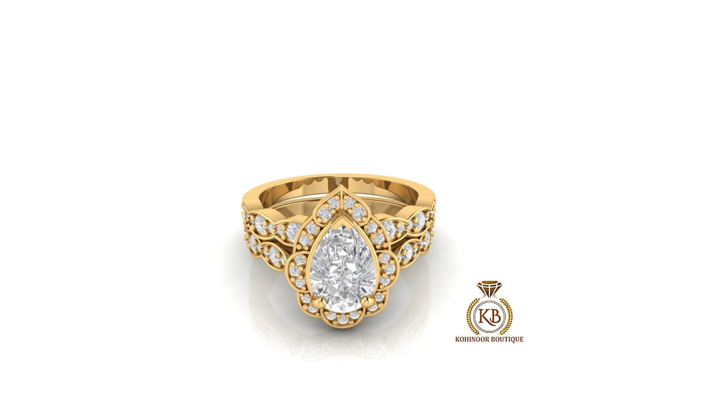Pear Halo Moissanite Bridal Ring Set, Wedding Bridal Set, Anniversary gift for wife, Ring for women