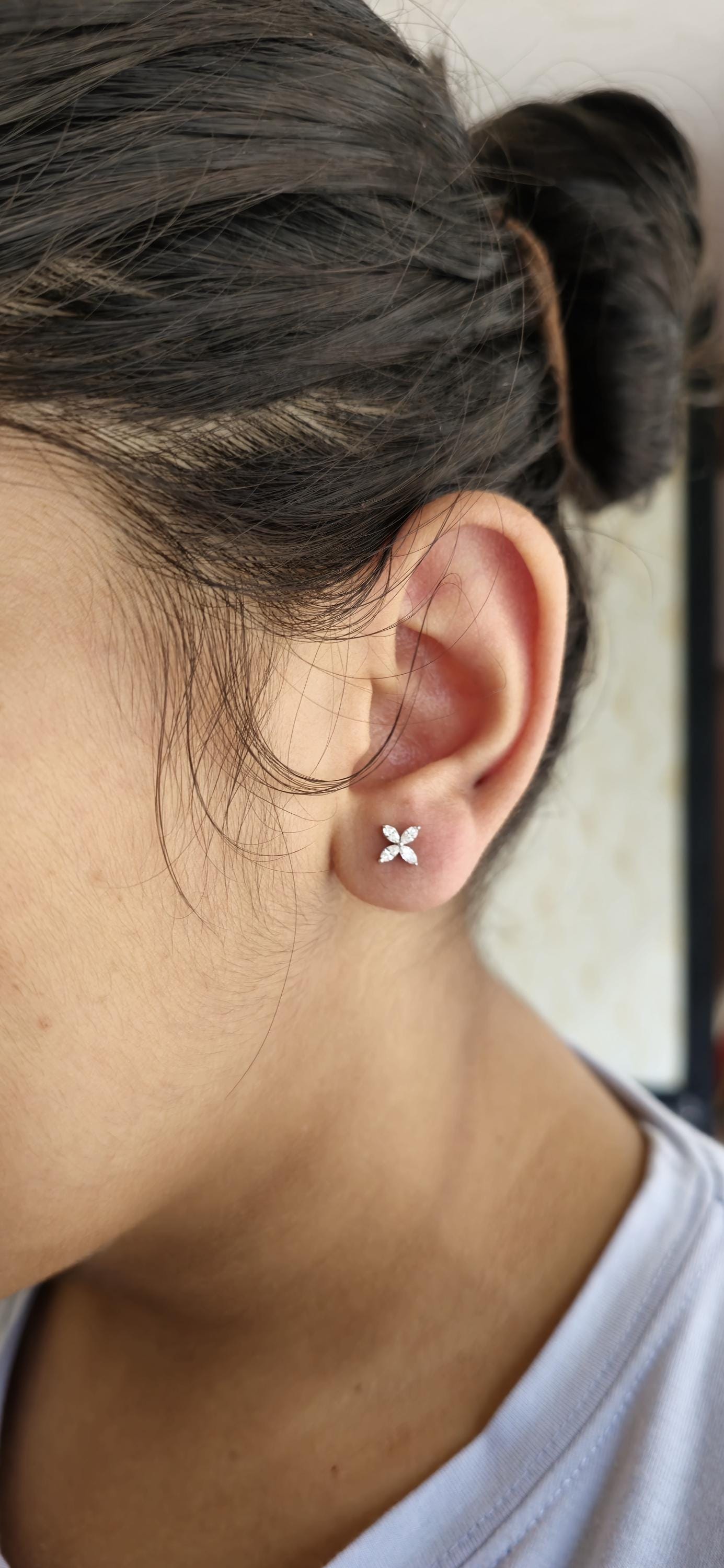 Marquise moissanite floral studs for women, earrings for girls, flower studs, dainty everyday studs, petite studs