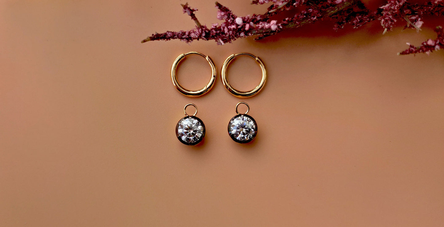 Round Lab grown diamond button back Georgian cut down Gypset huggie, removable hoops, statement earring, blackened gold earrings.