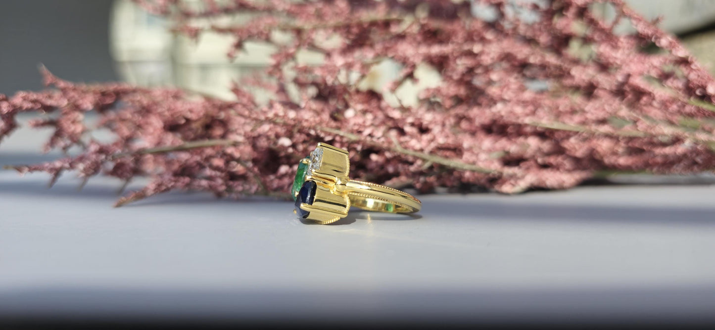 Natural Emerald Oval, Natural Sapphire Pear and Lab grown Cushion Diamond Trilogy 3 stone Engagement Ring, Ring for her, Gift for Her