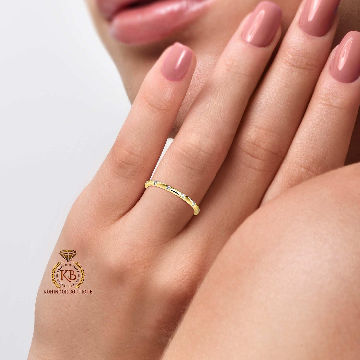 Flush set round moissanite\Natural diamond classic wedding band, eternity band, stackable band, minimalist band