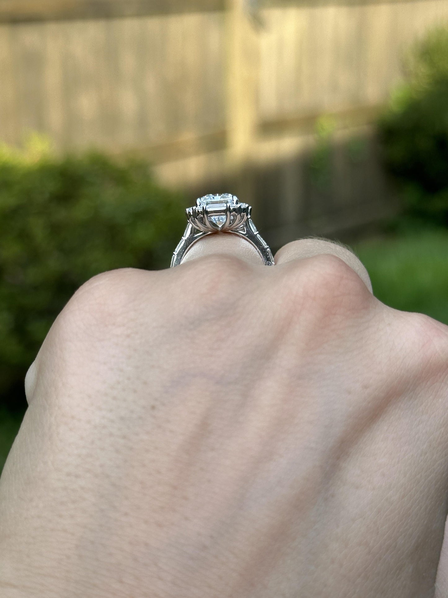 Radiant Cut Moissanite with Baguette Halo and baguette pave band Engagement Ring, ring for women, ring for her, right hand ring