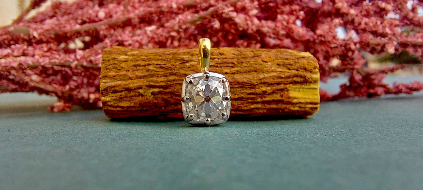 Elongated Old Mine Cut OMC Georgian Cut Down Moissanite Pendant, Vintage Edwardian Antique Pendant ,Wedding Pendant, without chain