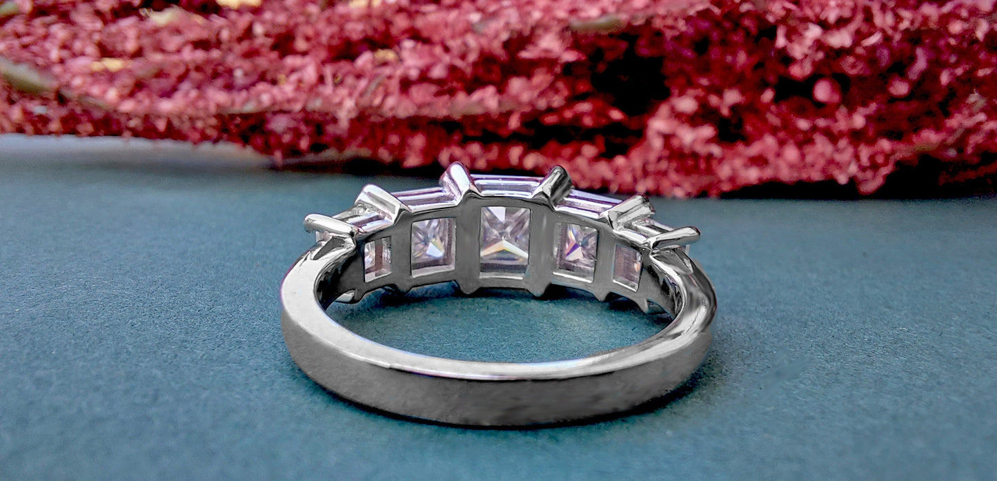 Princess Cut 5 stone Moissanite anniversary ring, 5 stone engagement ring, 5 graduating princess cut ring, ring for women, ring for her