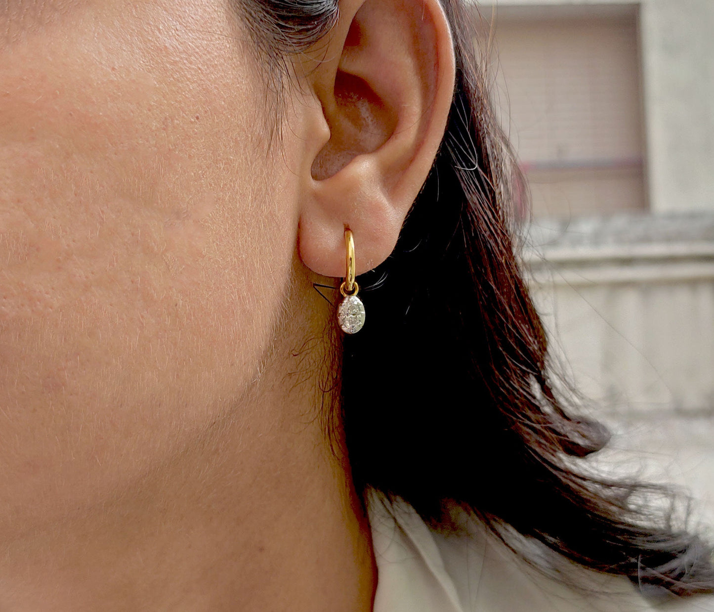 Oval Moissanite button back Georgian cut down Gypset huggie, removable hoops, statement earring, blackened gold earrings.