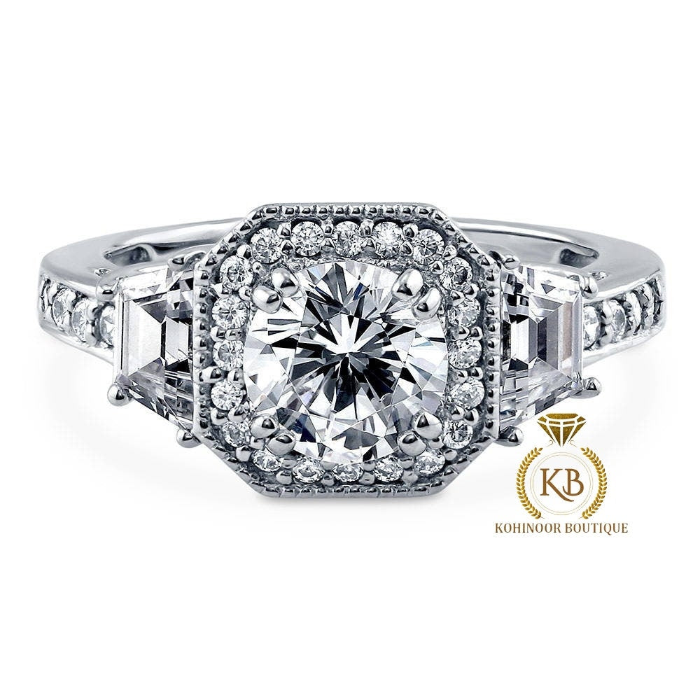 Round & Trapezoid  Halo 3 stone with side pave Moissanite Engagement Ring, rings for women, statement ring.