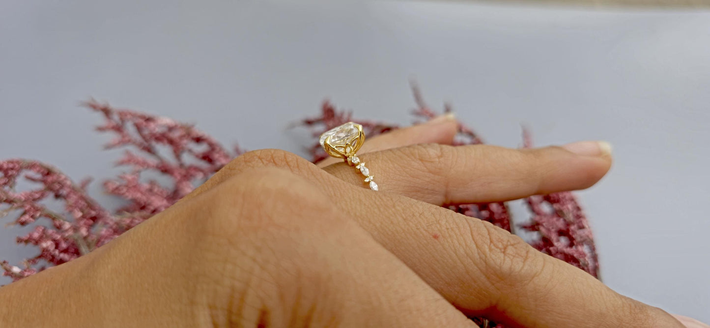 Elongated Cushion Cut Moissanite Tulip basket set with side marquise pave on band Engagement Ring, Proposal ring, ring gift for her