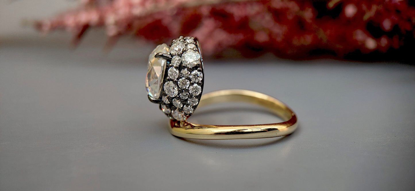 Floating Old mine cut Oval Halo set Georgian Moissanite Solitaire Engagement ring, Ring for her, right hand ring, Vintage Pave basket ring