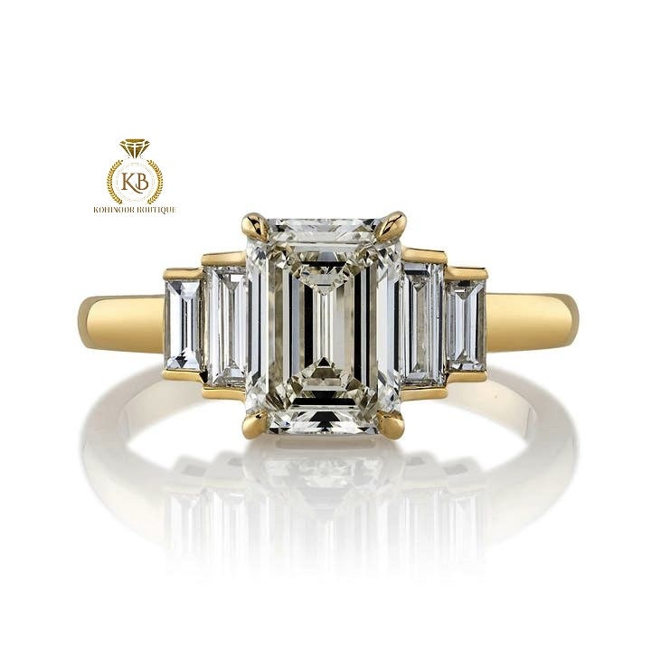 Emerald and Baguette cut 5 stone Moissanite Engagement ring,