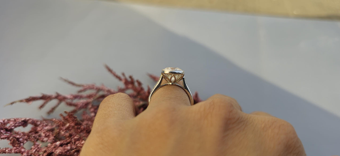 Elongated Old Mine Cushion Cut Bezel set Moissanite Engagement Ring, Tulip Flower basket Vintage Ring