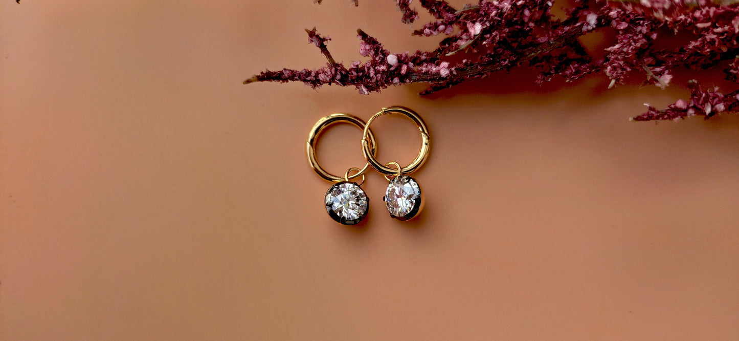 Round Lab grown diamond button back Georgian cut down Gypset huggie, removable hoops, statement earring, blackened gold earrings.