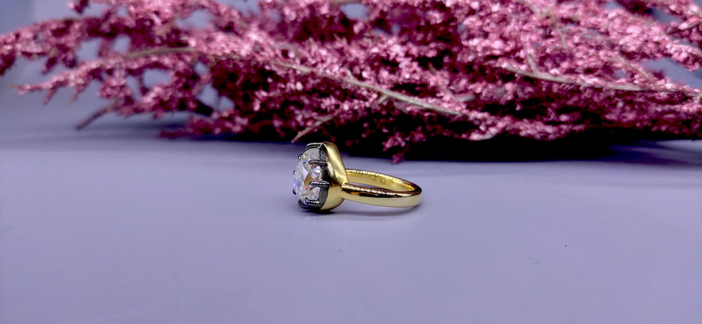 Ready to ship Old Mine Cut Pear Moissanite Collet set Ring US 6 size, =Georgian cut down set in silver with gold polish and blackened gold