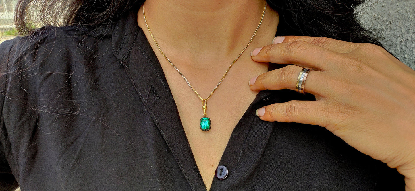 Elongated Old mine cut Cushion Cut Columbian Lab Emerald Pendant,Collet set Georgian cut down set Pendant, Wedding Pendant, Anniversary Gift