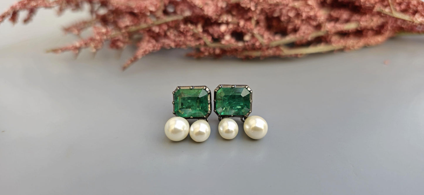 Lab grown Emerald with inclusion Georgian cut down Emerald studs with dangling pearl, statement earring, blackened gold earrings.