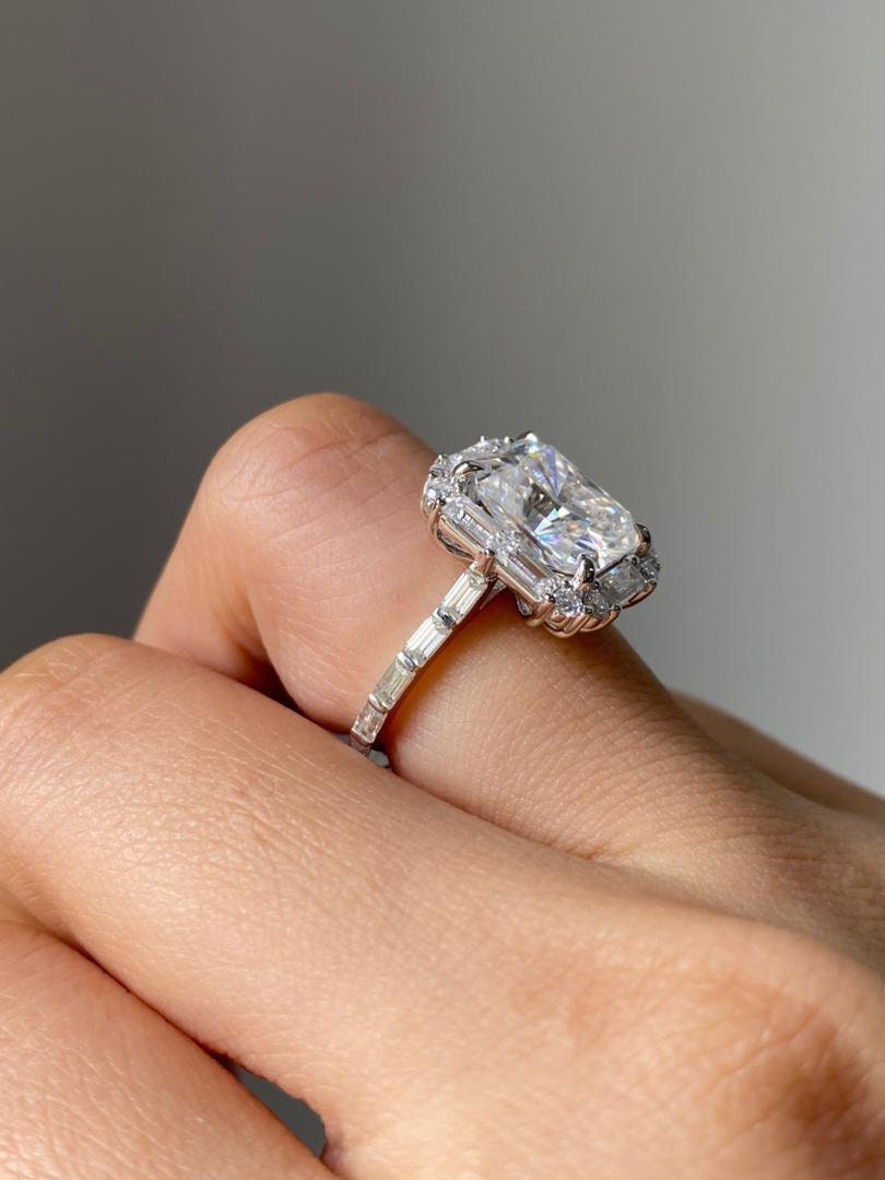 Radiant Cut Moissanite with Baguette Halo and baguette pave band Engagement Ring, ring for women, ring for her, right hand ring