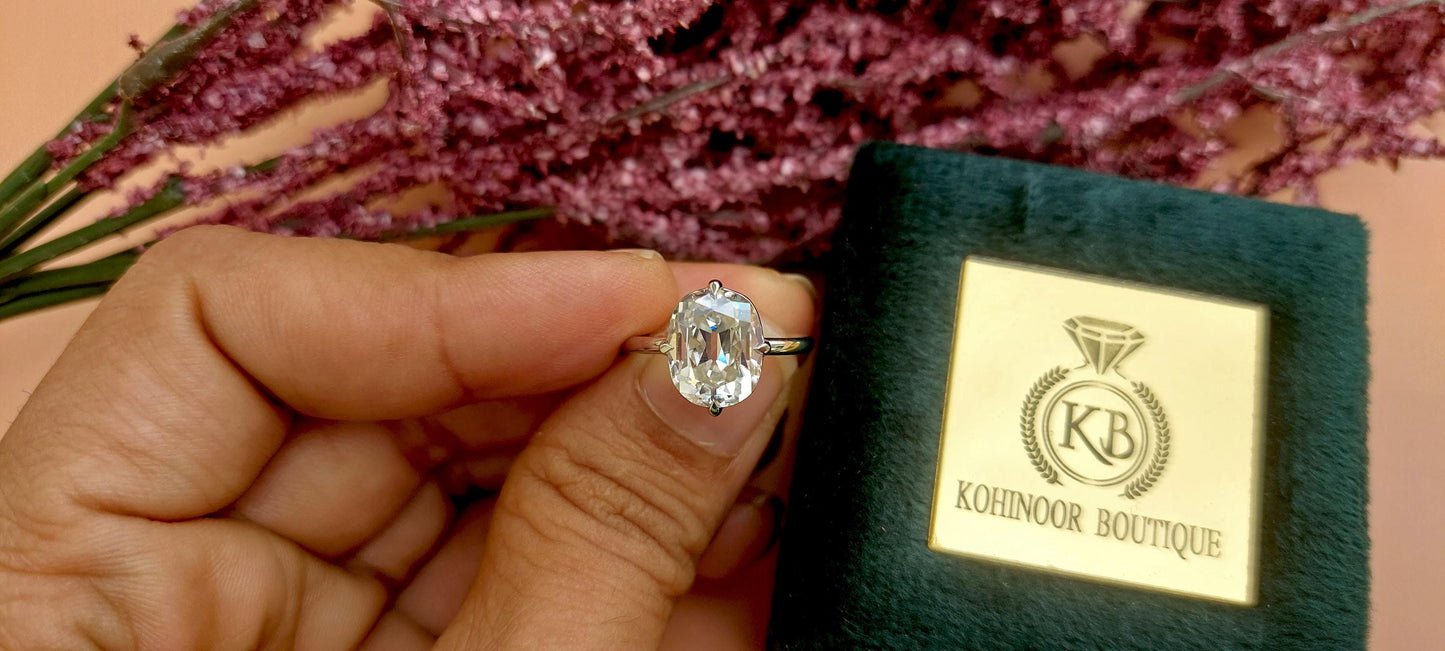 Old Mine Cut OMC Elongated Cushion Cut Moissanite Compass prong Basket set Engagement Ring, Antique moissanite Ring, Proposal ring.