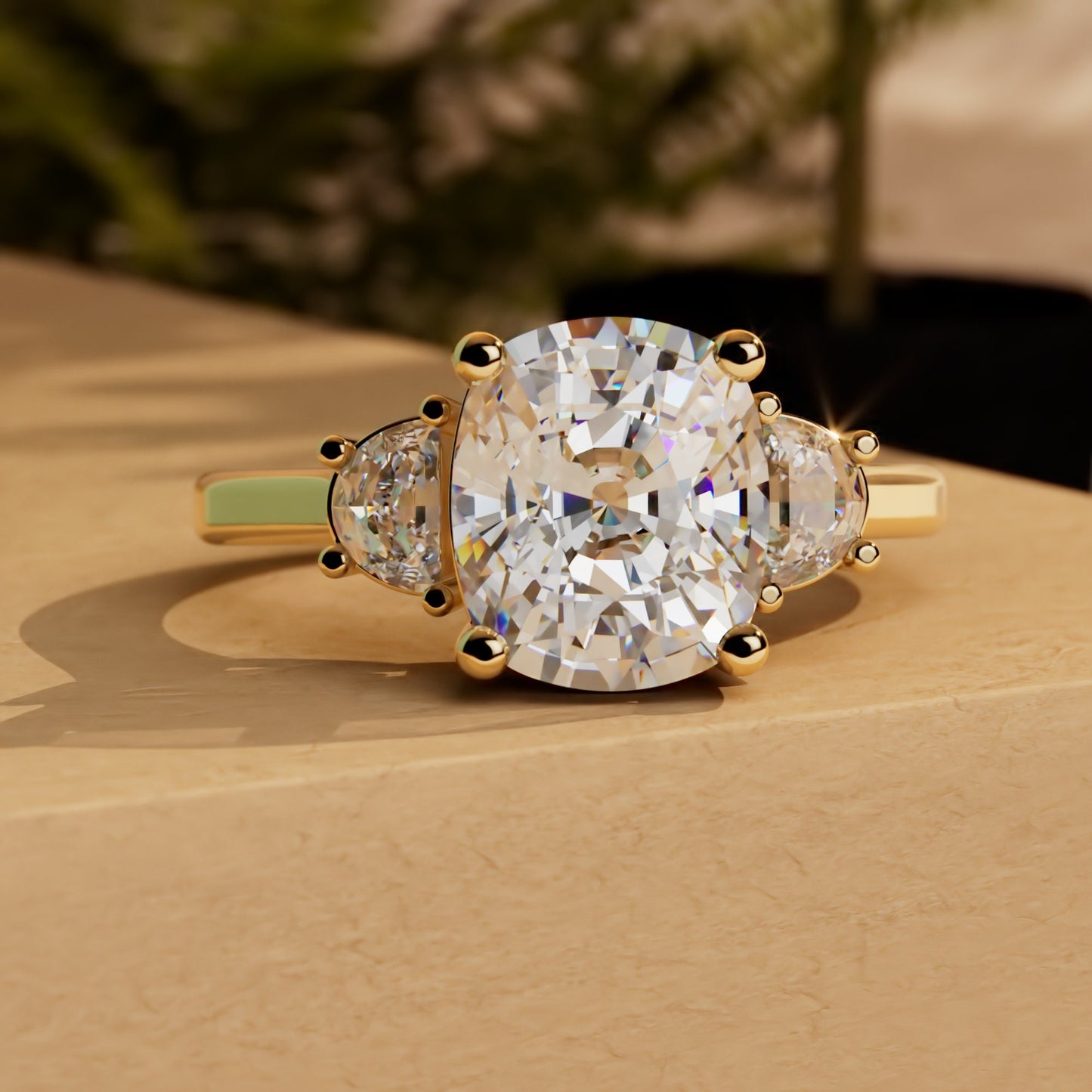 Old mine cut Elongated cushion and Half moon cut 3 stone Moissanite Engagement Ring Wedding anniversary gift for wife