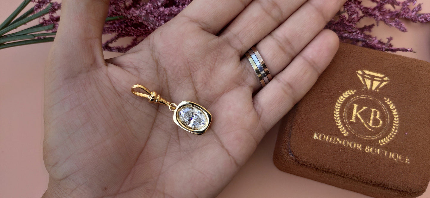 Oval Cut Moissanite Bezel Button back set Pendant with Swivel Clasp and without chain, statement pendant.