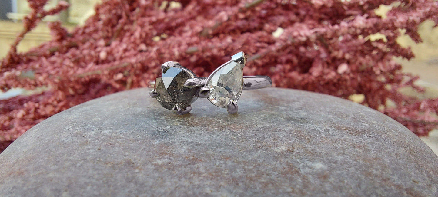 Toi et Moi Salt and Pepper with Moissanite with Pear diamond two stone Engagement ring,Can be ized in any shape & size,Celebrity 2022 trend