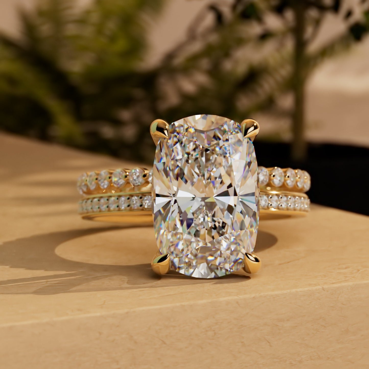 Elongated Cushion Cut Pave Basket Moissanite Engagement Ring, Wedding Bridal Set, Anniversary gift for wife, Ring for women