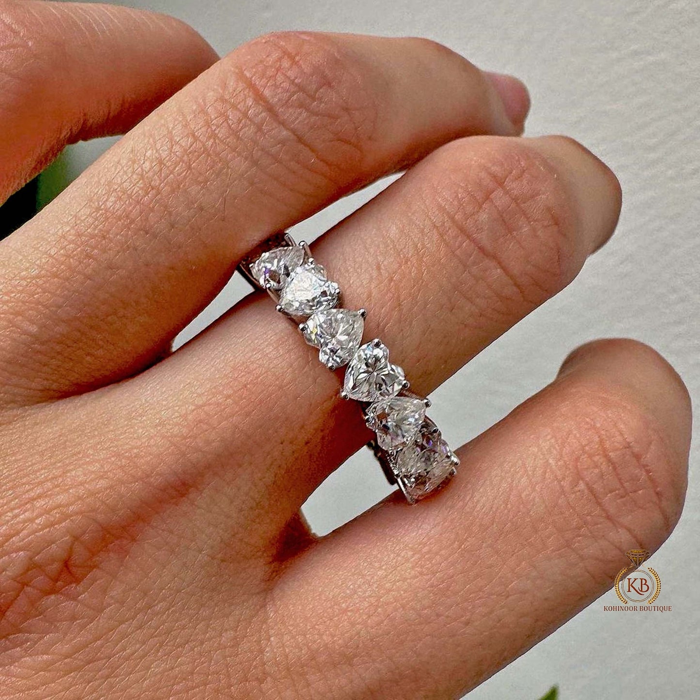 Heart Cut Moissanite Half\Full Eternity Wedding Band,Bridal stackable,Statement ring in White\Yellow\Rose Gold,Anniversary Gift