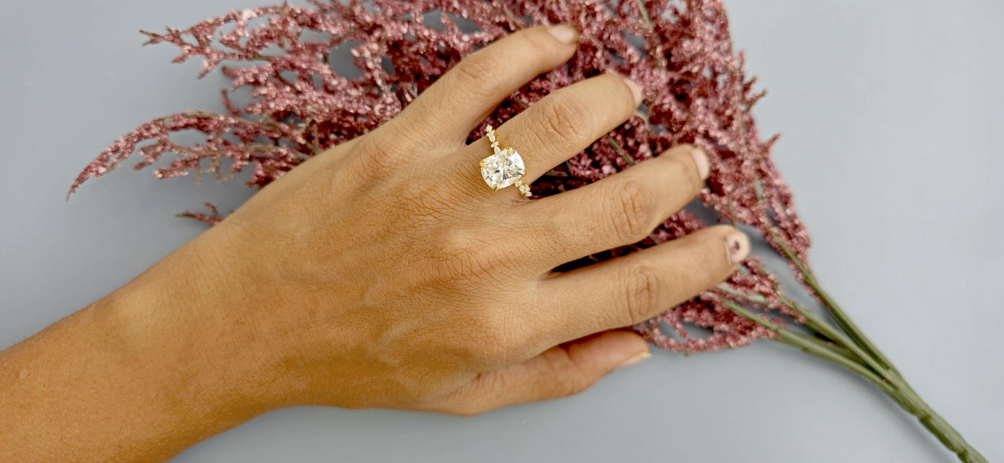 Elongated Cushion Cut Moissanite Tulip basket set with side marquise pave on band Engagement Ring, Proposal ring, ring gift for her