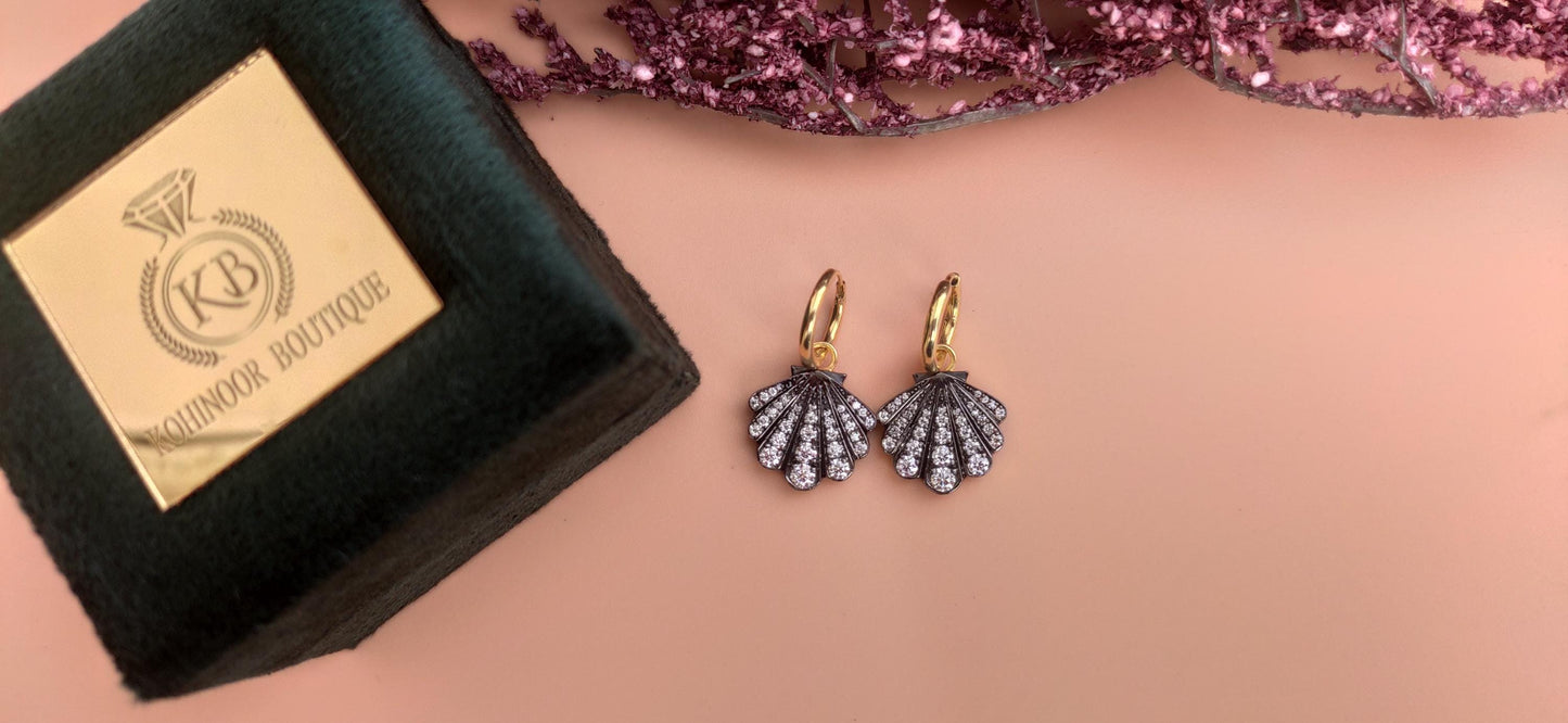 Natural diamond Shell shaped Georgian cut down button back set earrings, Huggie for women, earrings for women