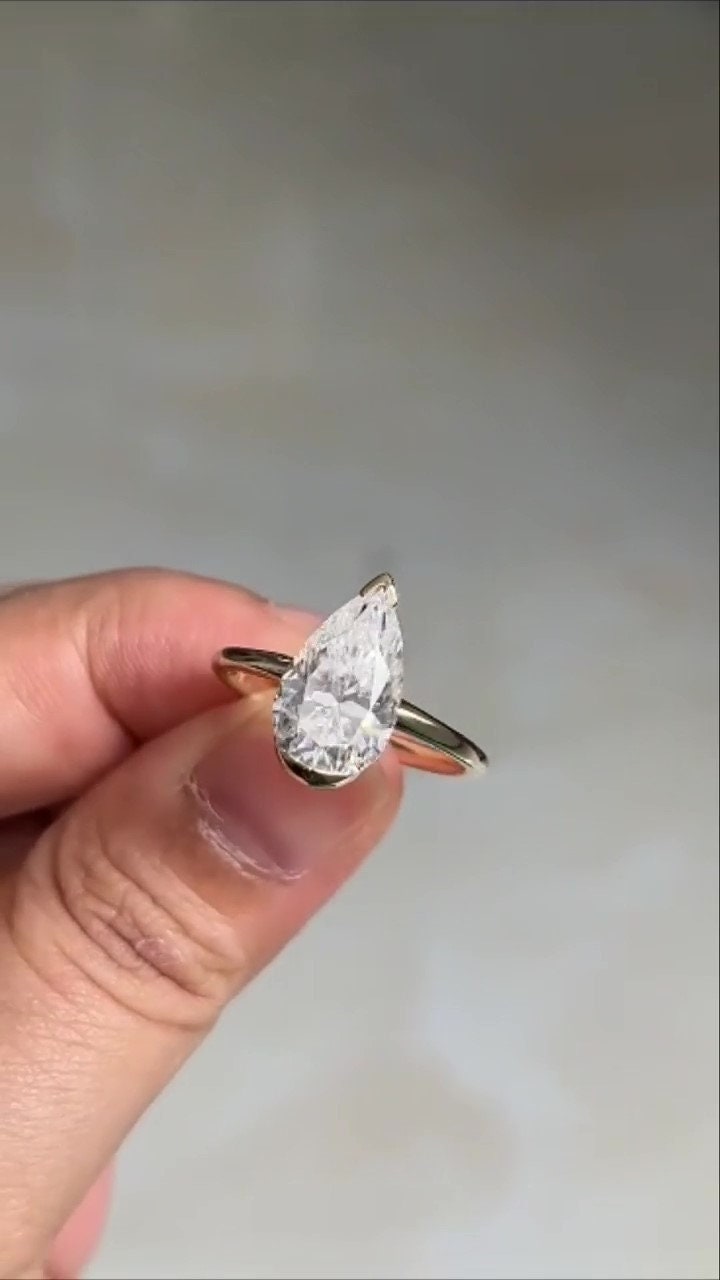 Pear cut Half Bezel Moissanite Solitaire Engagement Ring , Promise\proposal Ring available in 18k\14k\10k White\Yellow\Rose Gold