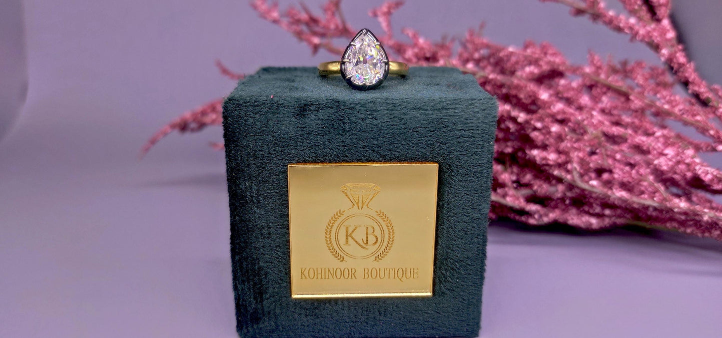 Ready to ship Old Mine Cut Pear Moissanite Collet set Ring US 6 size, =Georgian cut down set in silver with gold polish and blackened gold