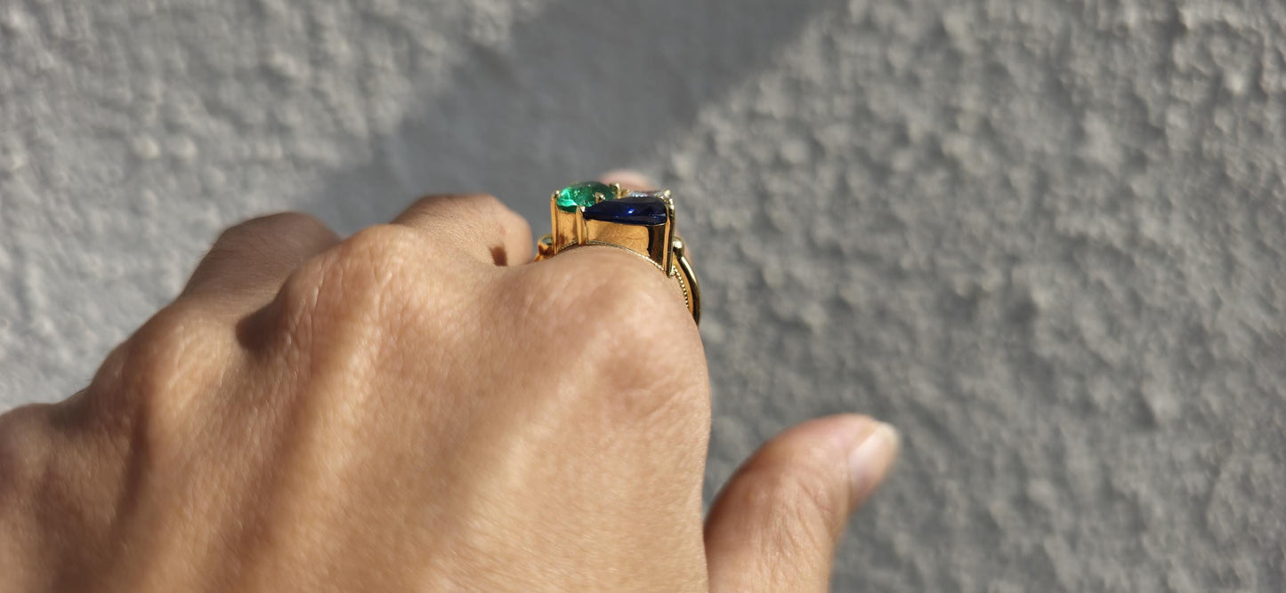 Natural Emerald Oval, Natural Sapphire Pear and Lab grown Cushion Diamond Trilogy 3 stone Engagement Ring, Ring for her, Gift for Her