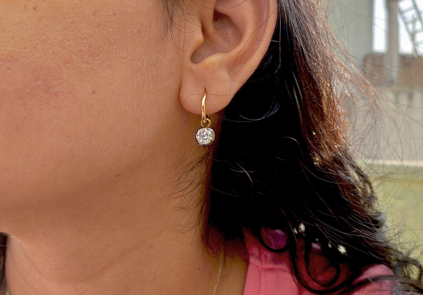 Old European Cut OEC Round Moissanite button back Georgian cut down Gypset, statement earring, blackened gold earrings.