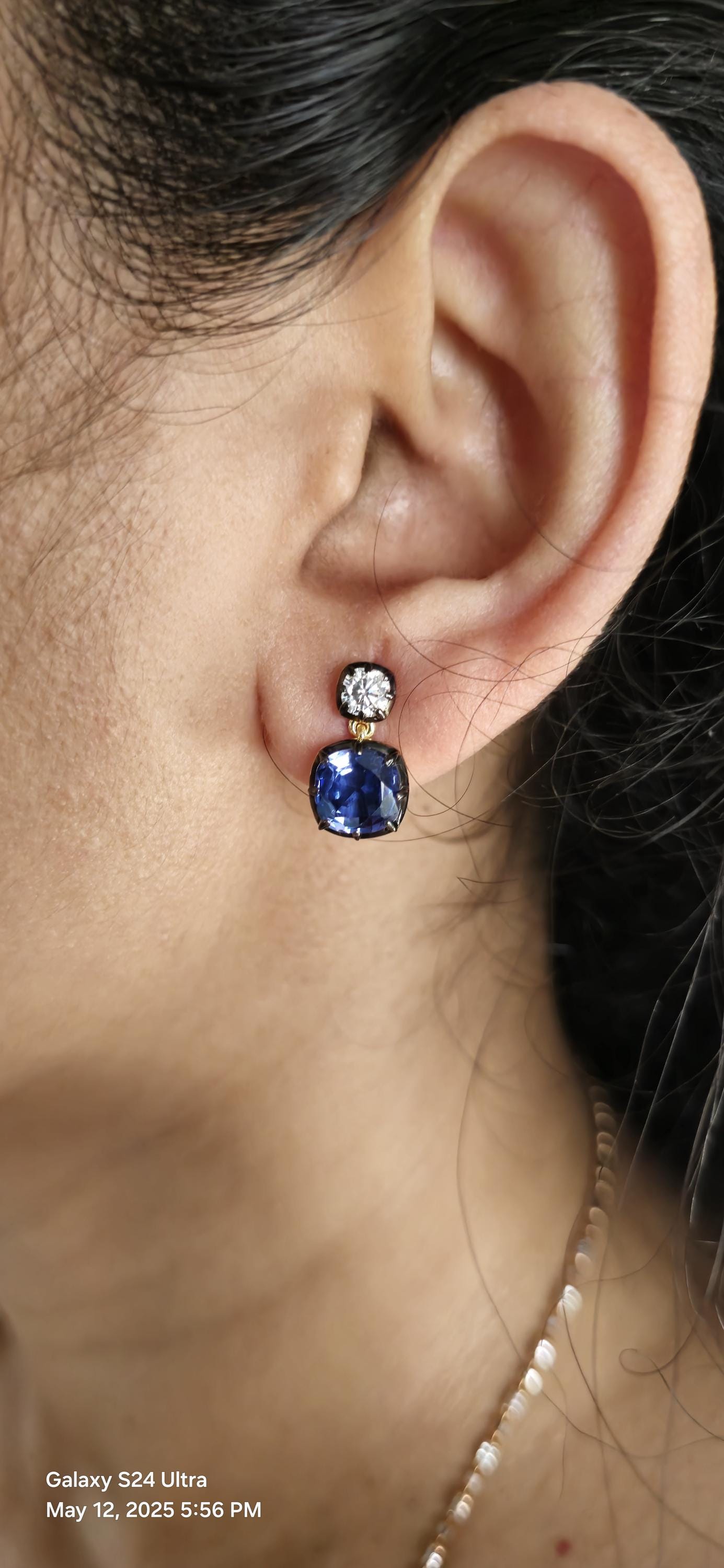 Georgian cut down button back set cushion moissanite and lab grown sapphire earrings, Asymmetrical earrings