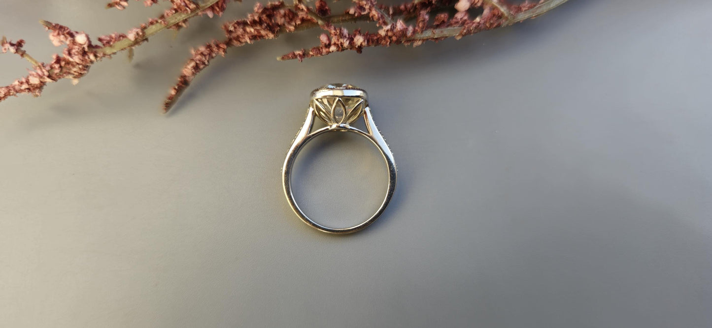 Elongated Old Mine Cushion Cut Bezel set Moissanite Engagement Ring, Tulip Flower basket Vintage Ring