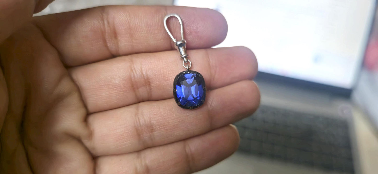 Elongated Cushion Cut Lab Blue Sapphire Pendant, Collet set Georgian cut down set Pendant without chain, Wedding Pendant