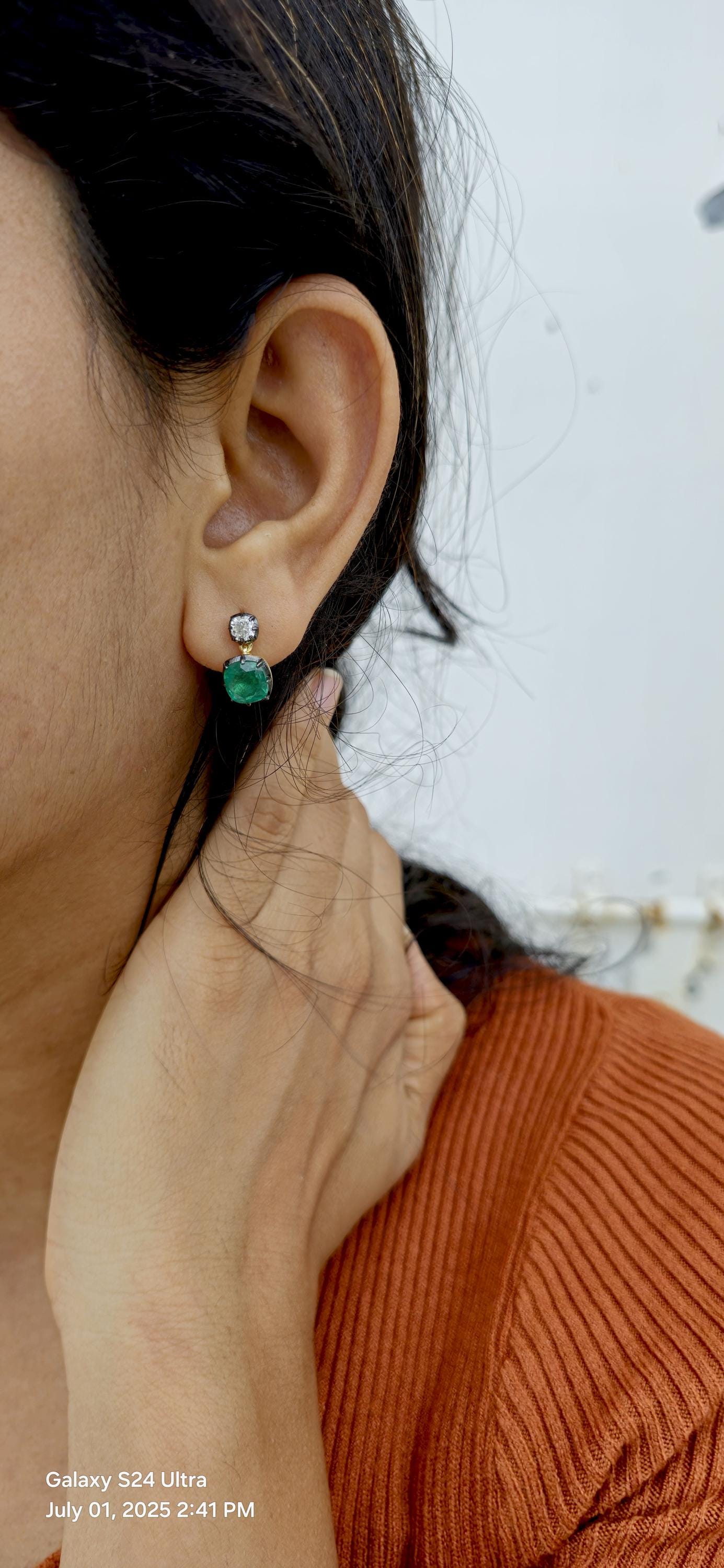 Georgian cut down button back set cushion Moissanite and lab grown Emerald Cushion earrings, Asymmetrical earrings
