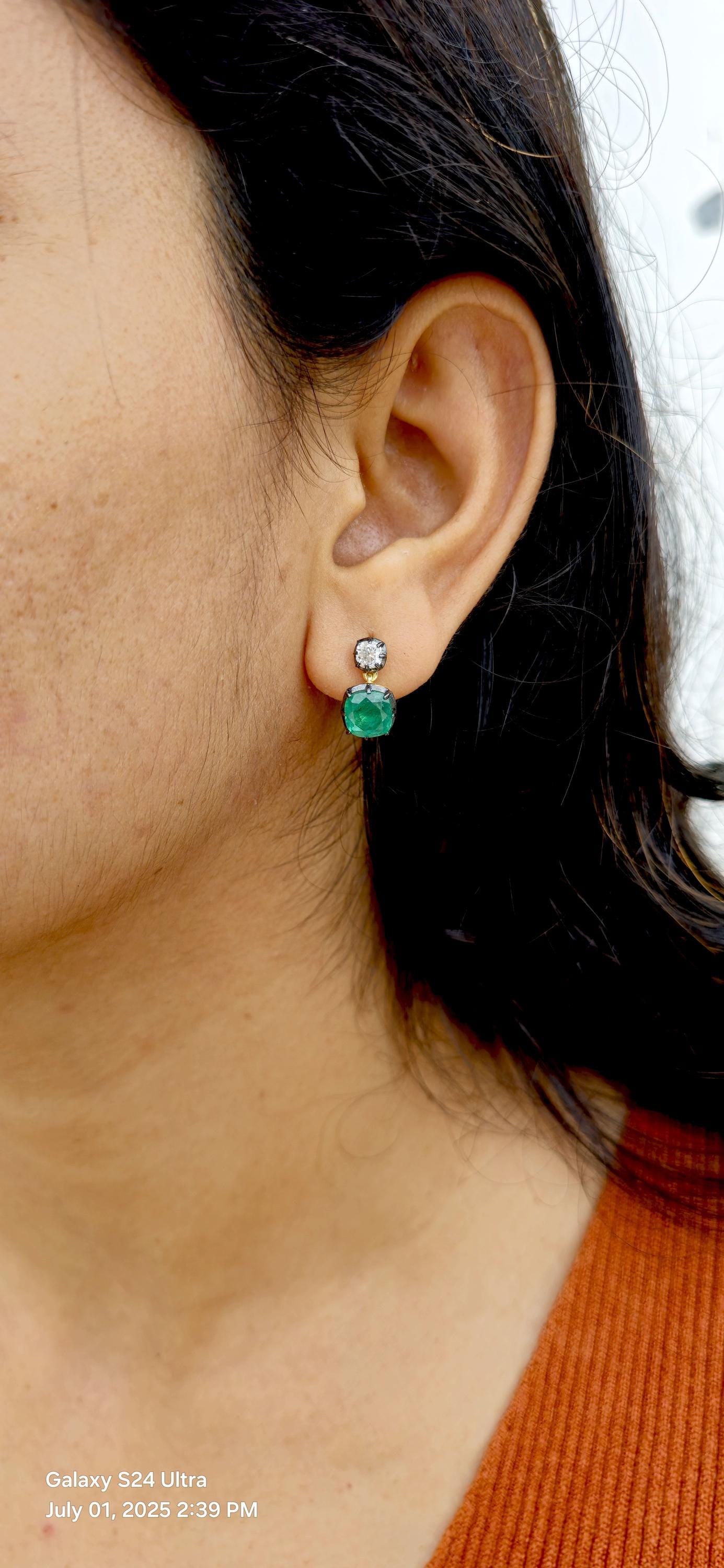 Georgian cut down button back set cushion Moissanite and lab grown Emerald Cushion earrings, Asymmetrical earrings