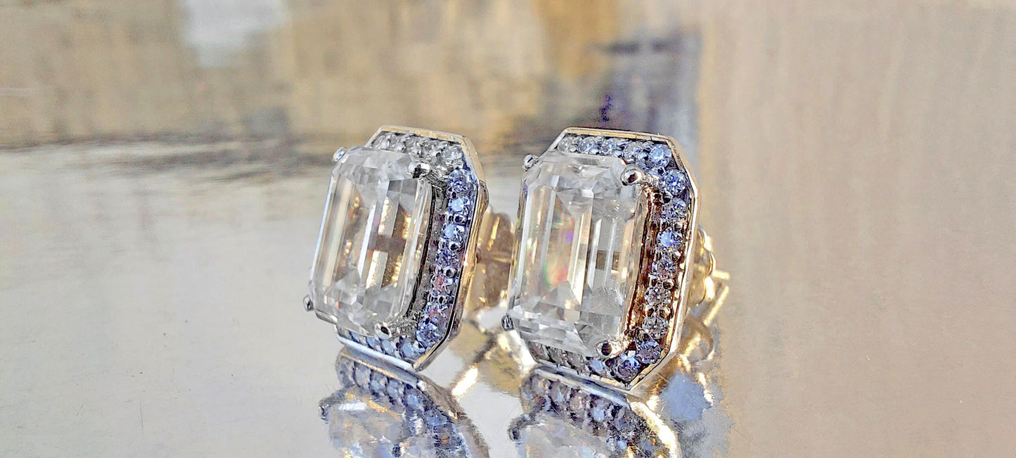 Emerald Cut Solitaire Moissanite Halo Stud Earrings,Moissanite Wedding Earrings,Push\Push Back Earrings,Anniversary Mother's Day Gift